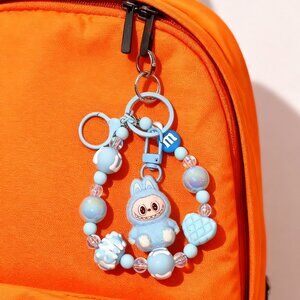 Blue Beaded Keychain with Cute Character Charm